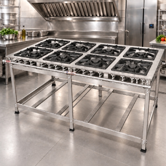 Fogão Industrial 8 Bocas Duplas 40 x 40 Perfil 8 Inox Baixa Pressão Luxo MR Fogões