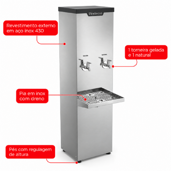 Bebedouro Industrial de Coluna 1 Gelada 1 Natural Inox 25 Litros 220v Venâncio