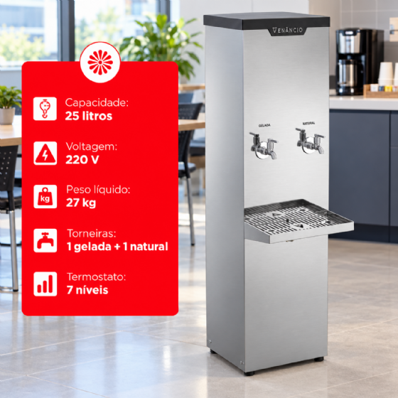 Bebedouro Industrial de Coluna 1 Gelada 1 Natural Inox 25 Litros 220v Venâncio