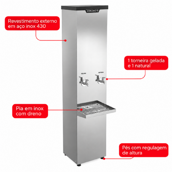 Bebedouro Industrial de Coluna 1 Gelada 1 Natural Inox 50 Litros 220v Venâncio