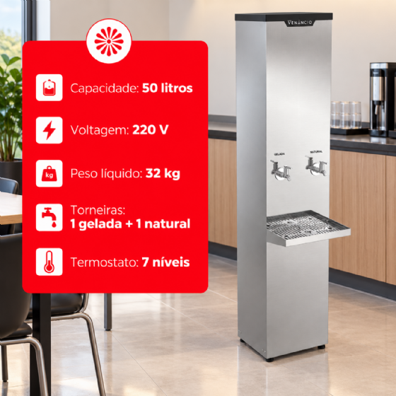 Bebedouro Industrial de Coluna 1 Gelada 1 Natural Inox 50 Litros 220v Venâncio