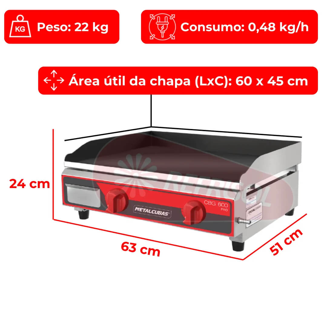 Chapa Bifeteira a Gás Profissional 60x45 CBG 600 Metalcubas