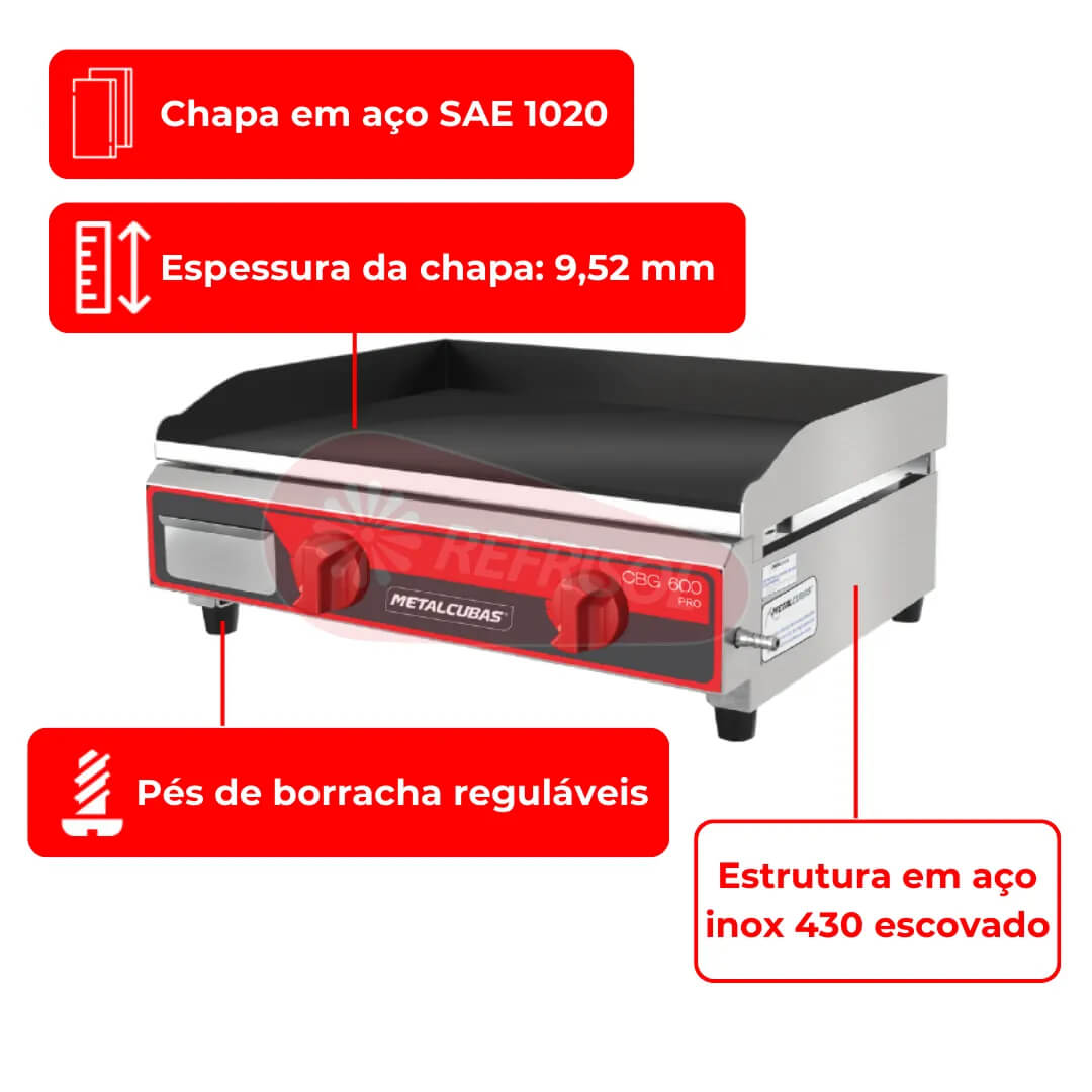 Chapa Bifeteira a Gás Profissional 60x45 CBG 600 Metalcubas