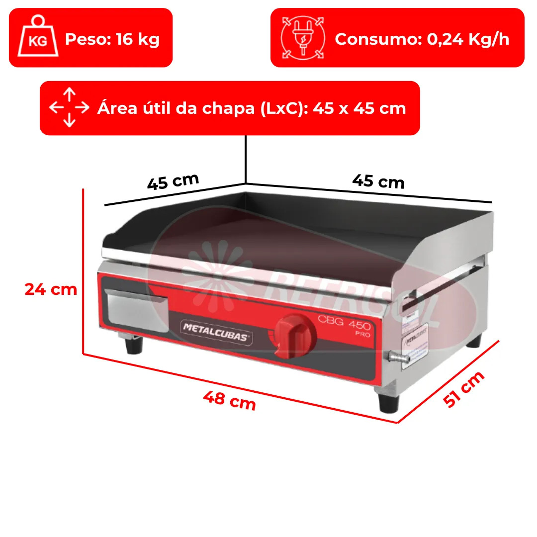 Chapa Bifeteira a Gás Profissional 45x45 CBG 450 Metalcubas