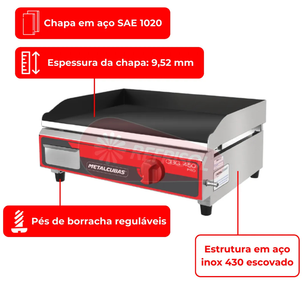 Chapa Bifeteira a Gás Profissional 45x45 CBG 450 Metalcubas